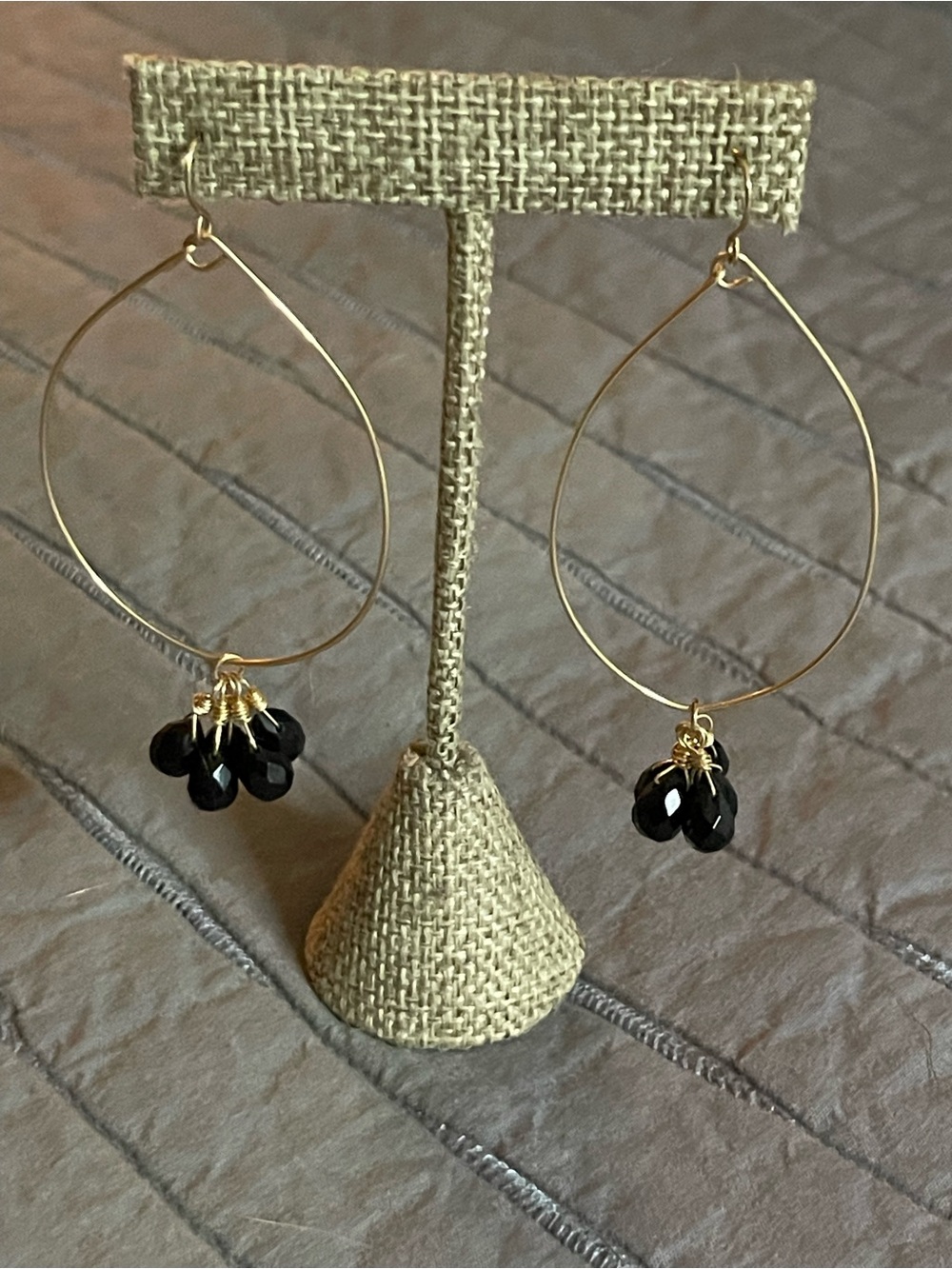 Morgan Jean Gold Teardrop Hoop Earrings with Black Gemstone Drops